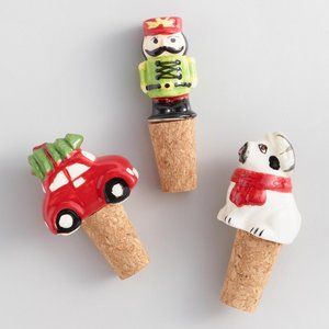🎄NWT World Market Christmas Holiday Wine Stoppers Set/3 Bar Gift Pug Nutcracker